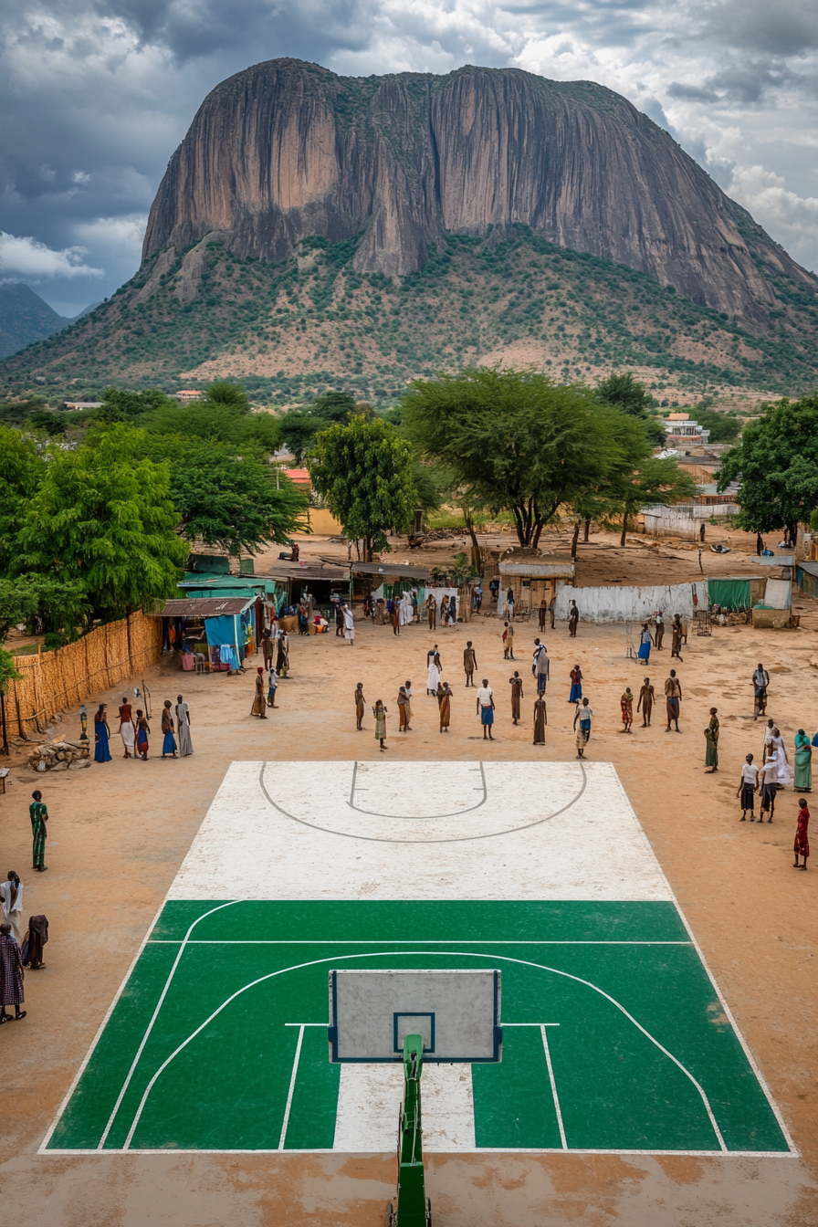 Vibrant Nigerian basketball scene with flag backdrop, natural beauty.