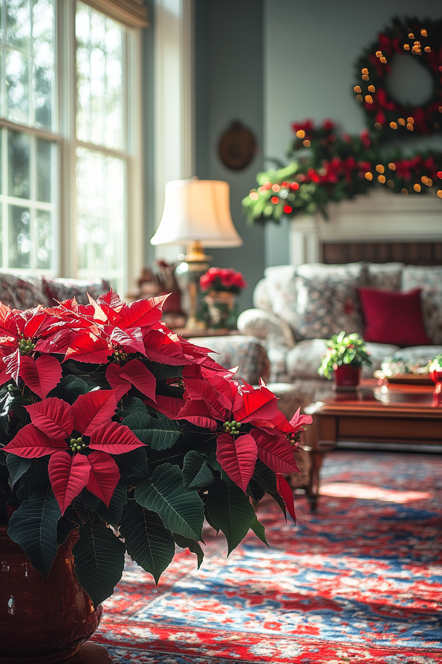 Vibrant Poinsettias Brighten Festive Christmas Living Room