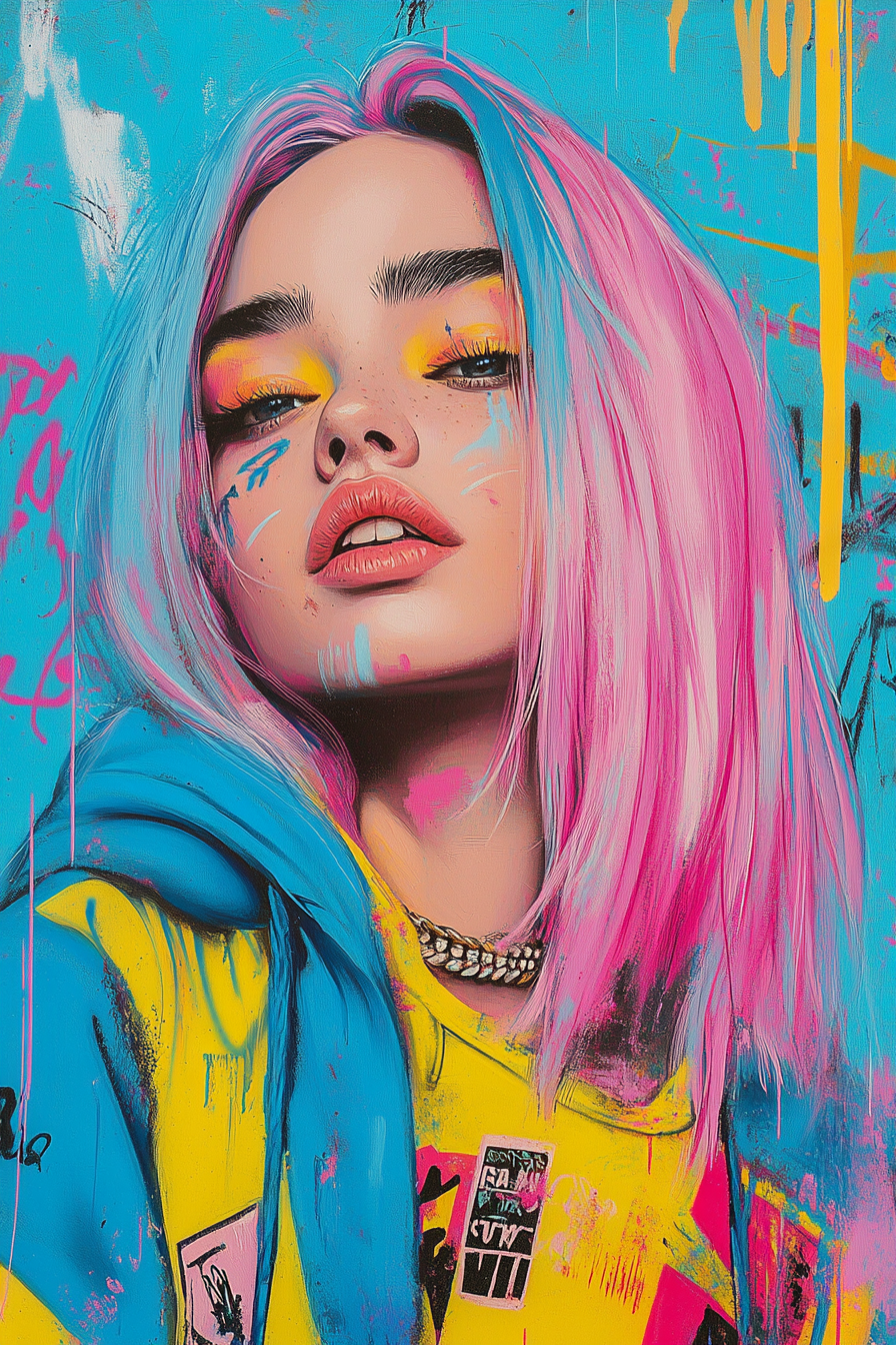 Vibrant Pop-Art Portrait of Neon-Haired, Stylish Young Woman