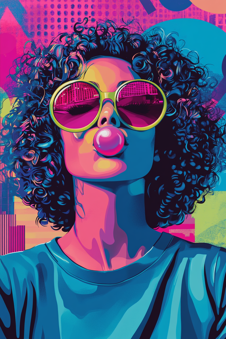 Vibrant Pop Art Style Poster: Confident Woman Bubble Gum