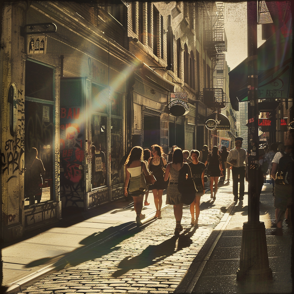 Vibrant Soho street with stylish shops and graffiti art.