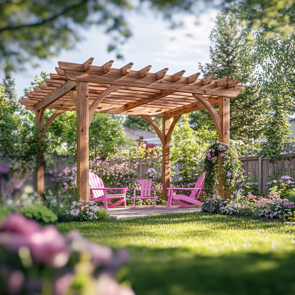 Vibrant Spring Garden Pergola Scene outdoors nature wood structures