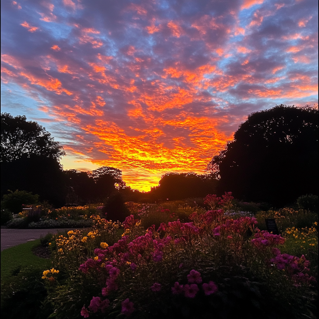 Vibrant Sunset Landscape with Silhouettes of Flowers and Trees