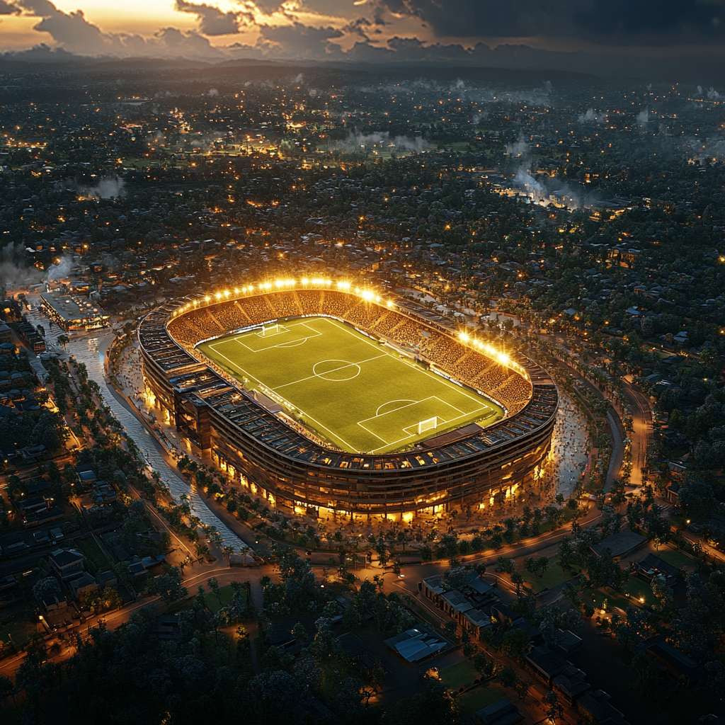 Vibrant Tanzania Football Stadium Glowing in Evening Light