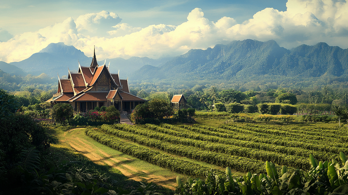 Vibrant Thai-style landscape with green fields and plantations 