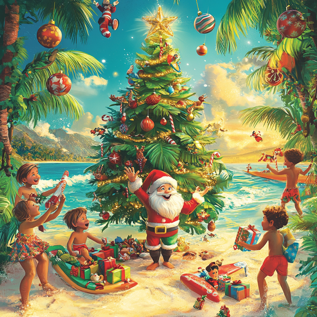 Vibrant Tropical Christmas Beach Scene for Children - Pixar Style