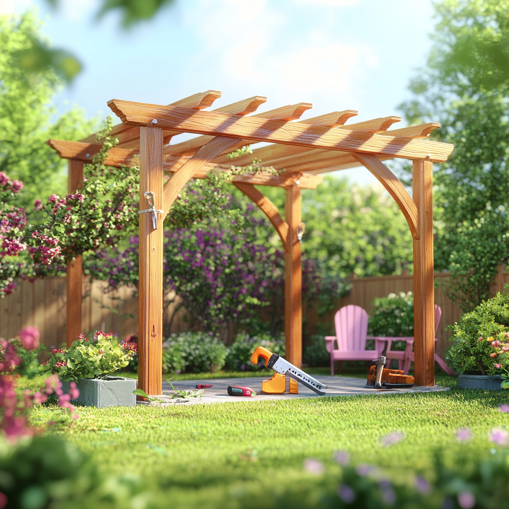 Vibrant Wooden Garden Pergola in Spring Backyard 