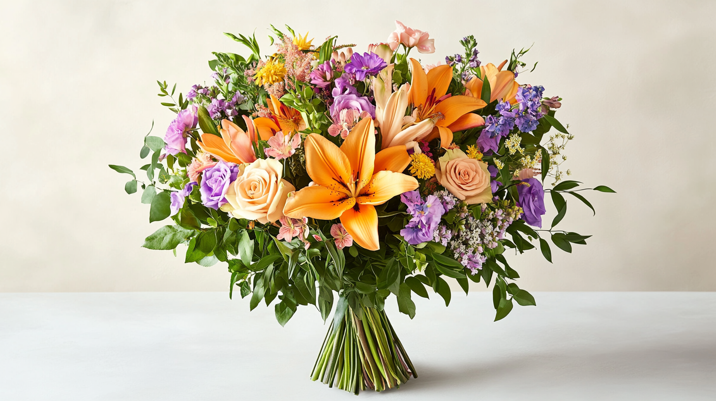 Vibrant birthday bouquet with roses and lilies