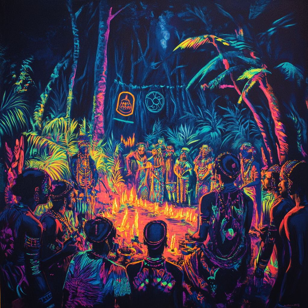 Vibrant black light painting of West African Voodoo ceremony.