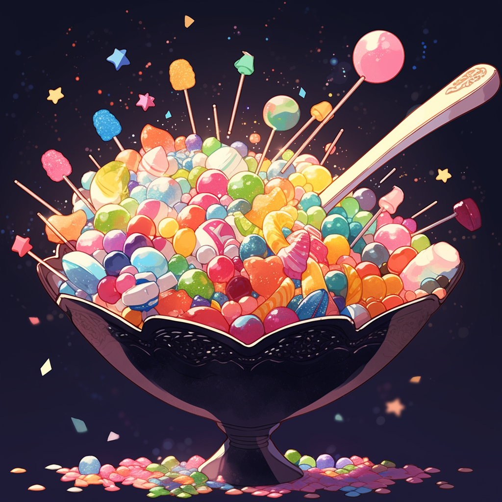 Vibrant candy scoop lifting colorful sweets, kawaii background.