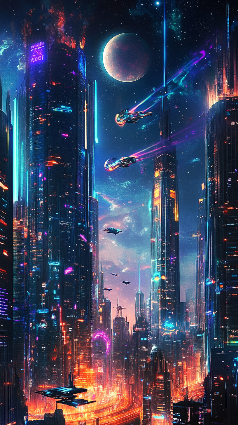 Vibrant cyberpunk city skyline with neon-lit skyscrapers