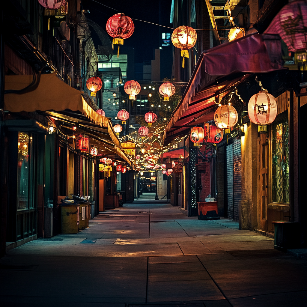 Vibrant downtown back alley with Asian-style awning lanterns.