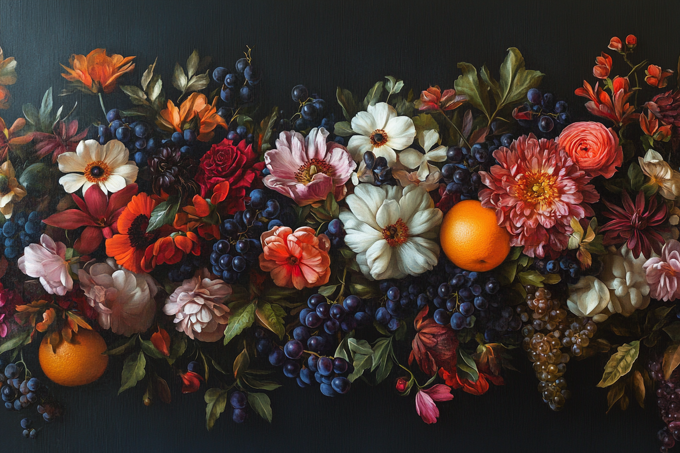 Vibrant flowers, fruits against dark background in mural. Luxurious.