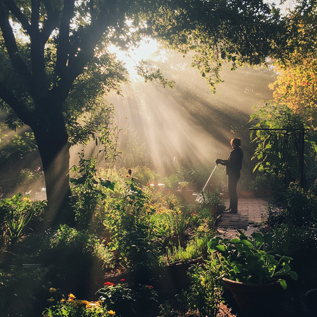 Vibrant garden, gardener watering plants, morning sunlight