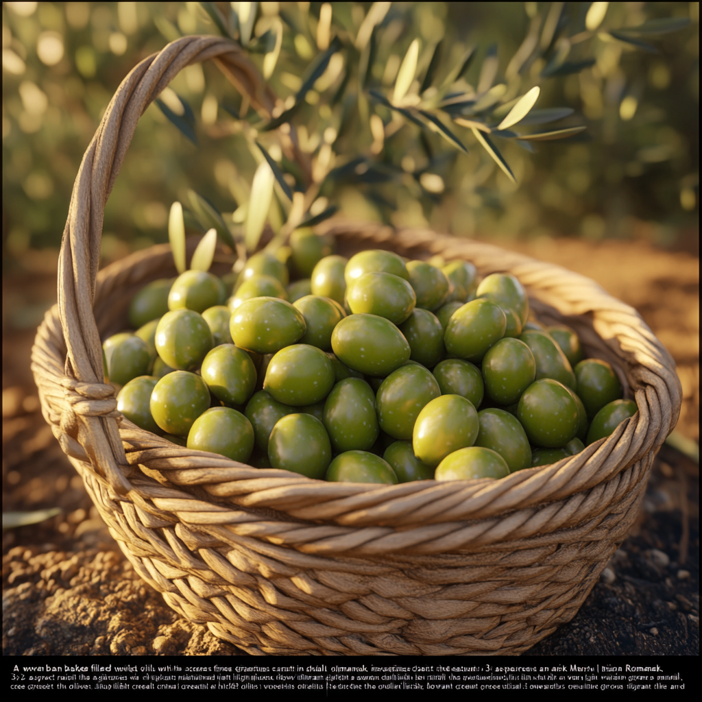 Vibrant green Iranian olives in woven basket