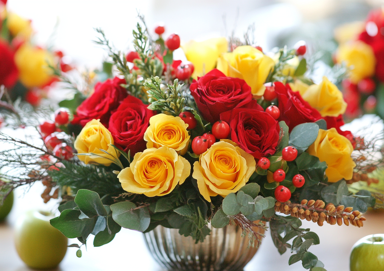 Vibrant holiday flower bouquets with natural branches.