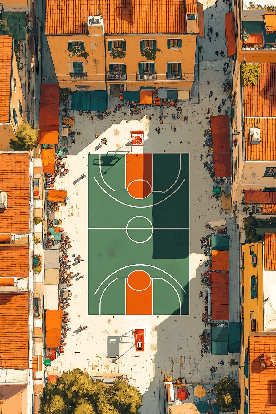 Vibrant illustration of Italian street scene with basketball court.