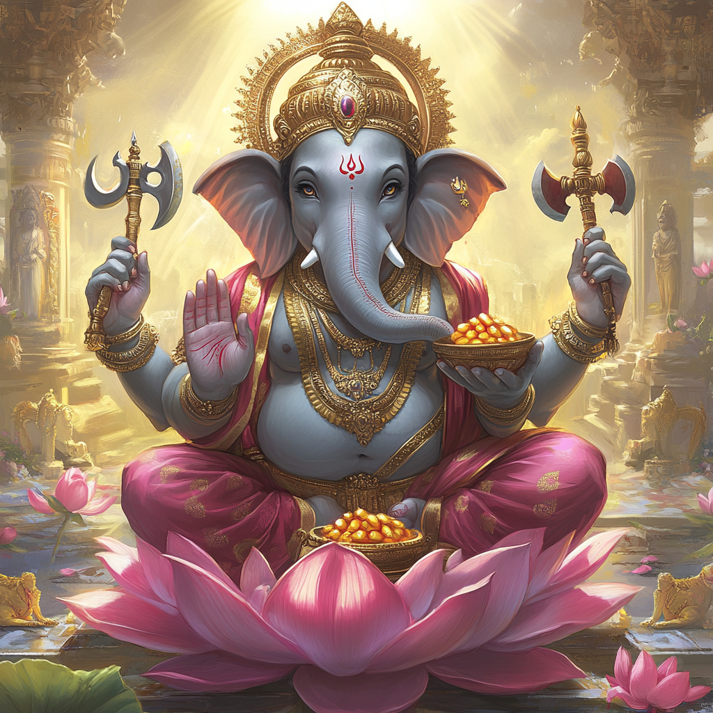 Vibrant image of Lord Ganesh seated on lotus, adorned.