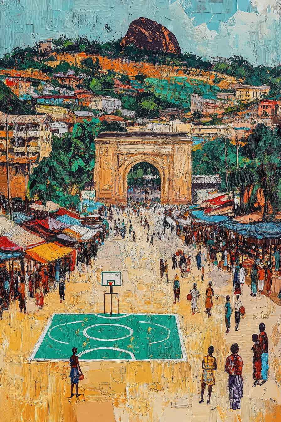 Vibrant impressionism painting: basketball court, Aso Rock, Nigerian culture.