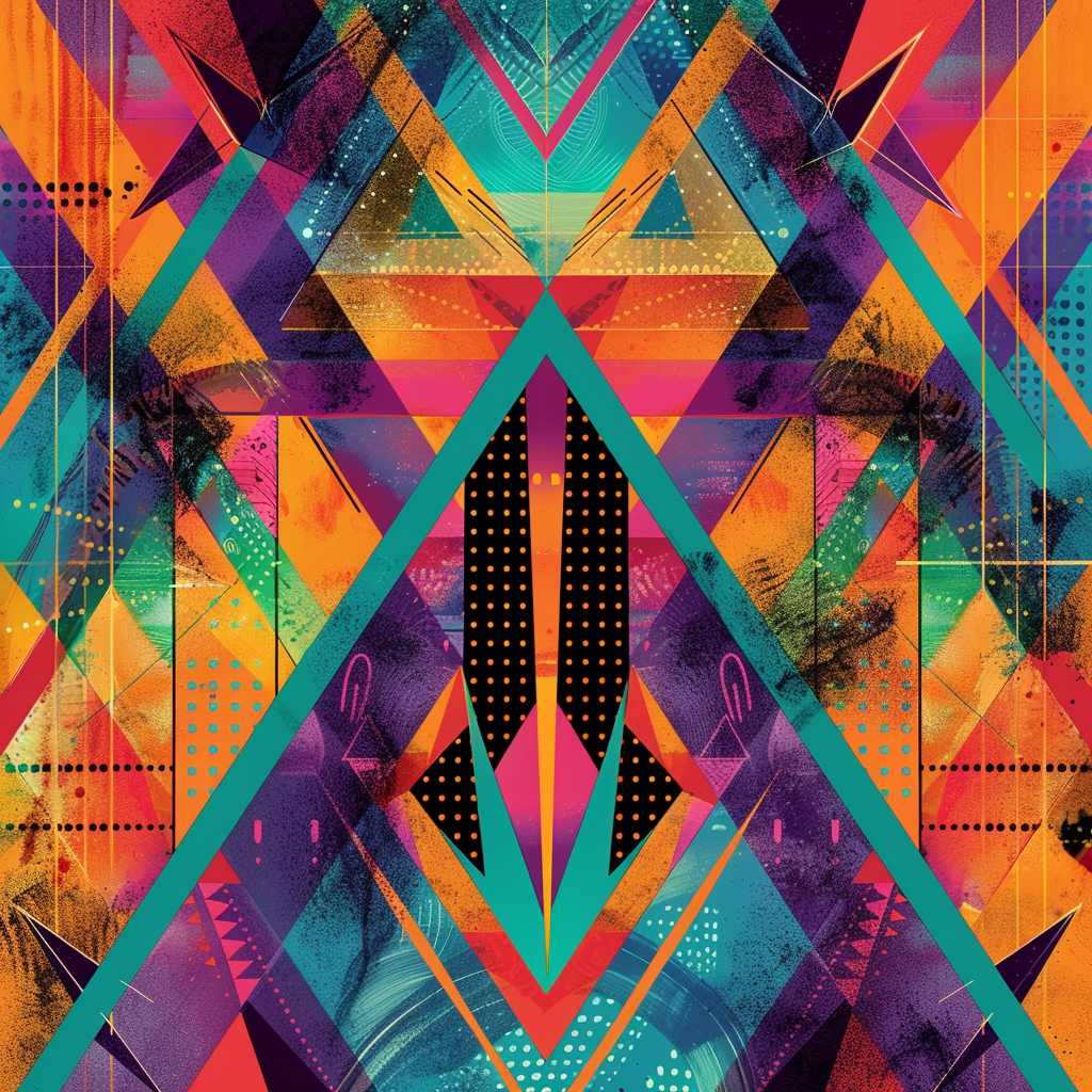 Vibrant kaleidoscopic Memphis-style illustration with dynamic textures.