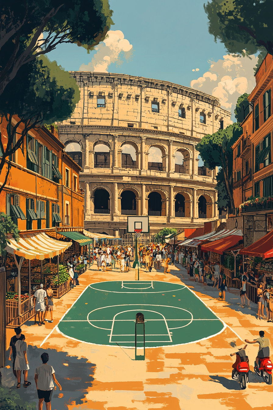 Vibrant minimalist realism style illustration of an Italian scene.