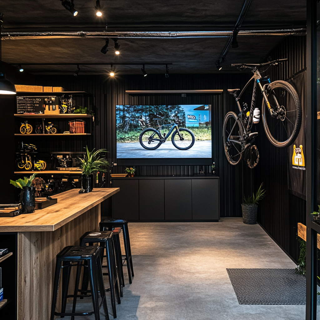 Vibrant modern Triathlon training TV set with bike workshop.