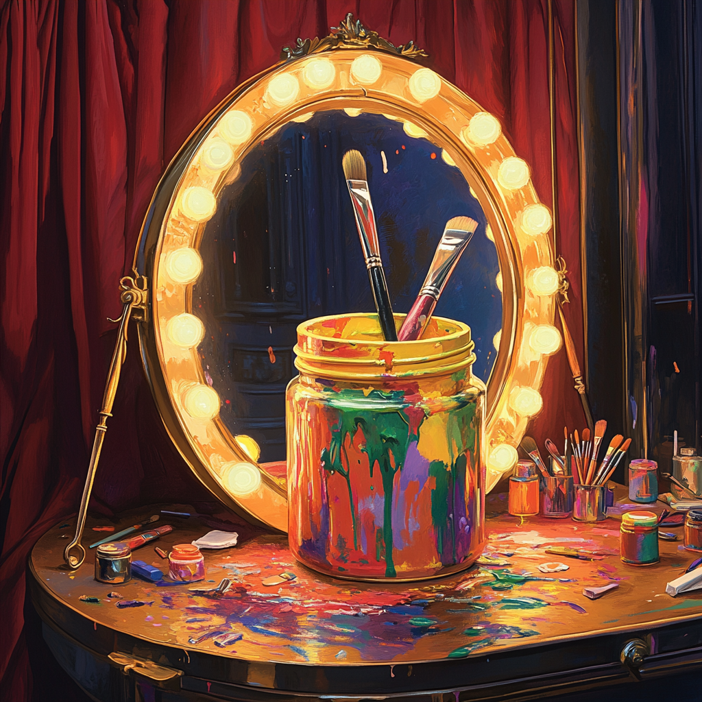 Vibrant paint jar admires itself in glamorous mirror.