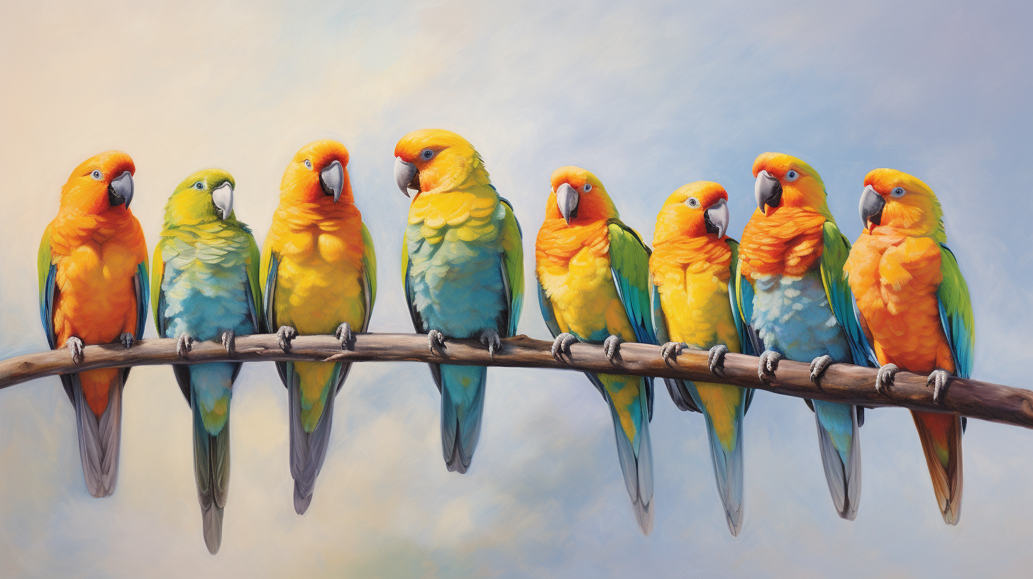 Vibrant parrots in bold oil painting on branch branch