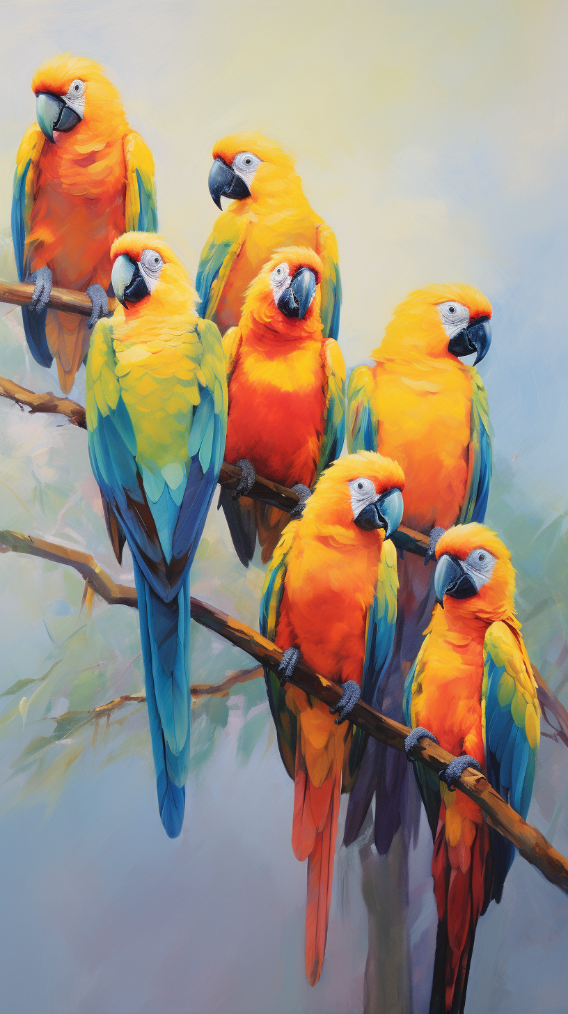 Vibrant parrots in orange, green, blue, purple, yellow - dynamic.