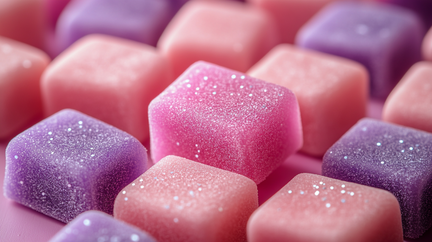 Vibrant pink and lavender sugar gummy candies.