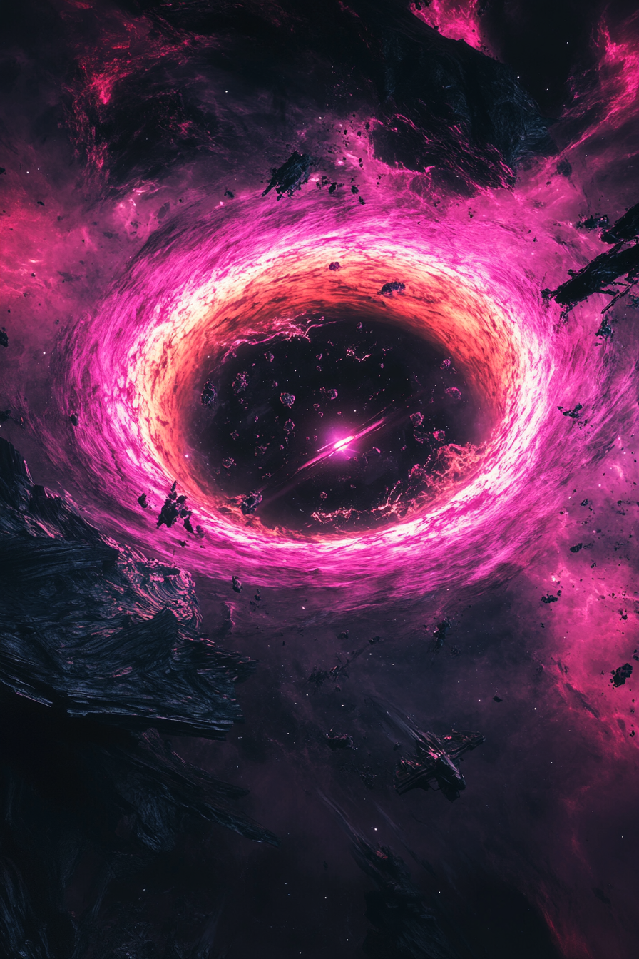 Vibrant pink and orange swirl around black hole.