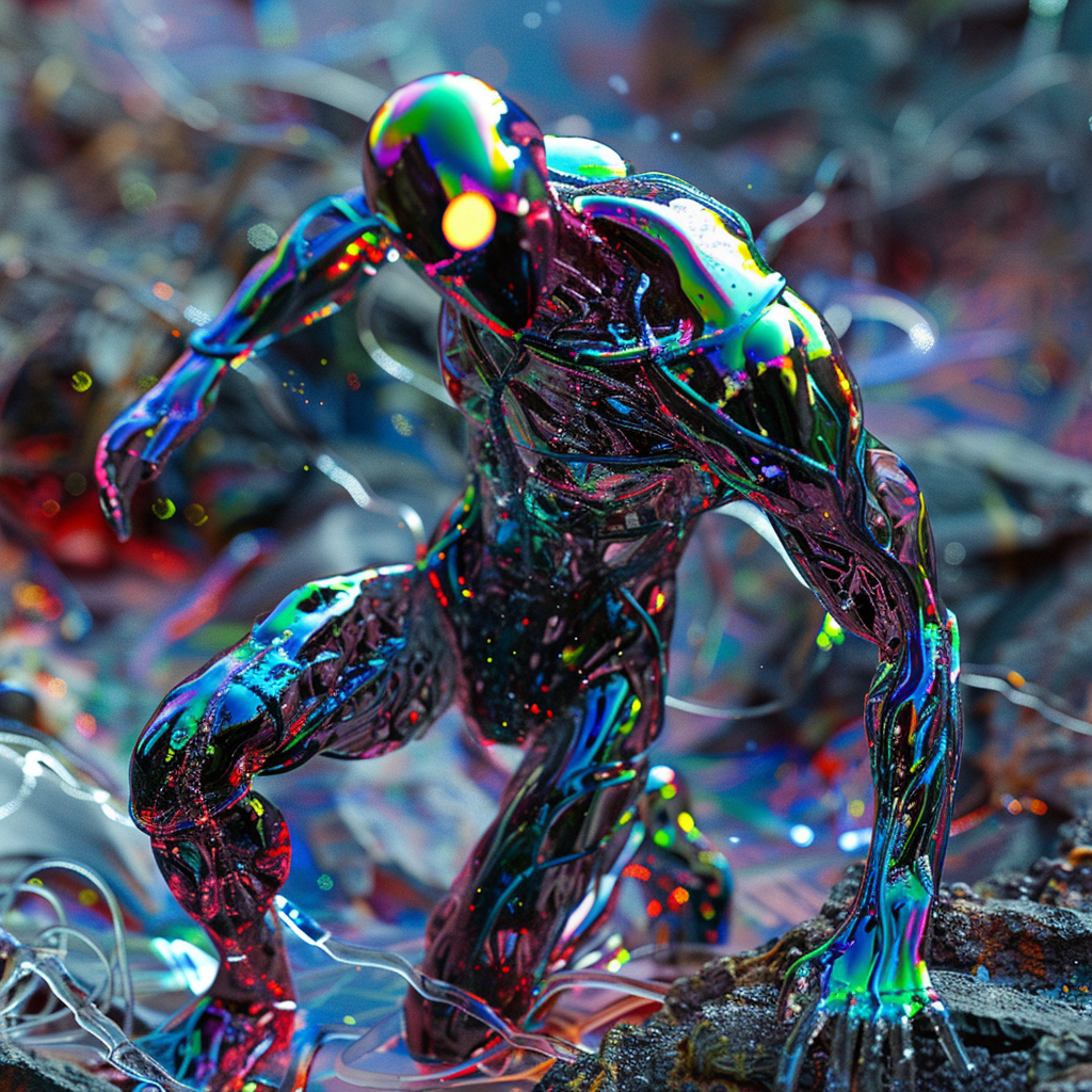 Vibrant plastic humanoid with glowing neon eyes in futuristic world.