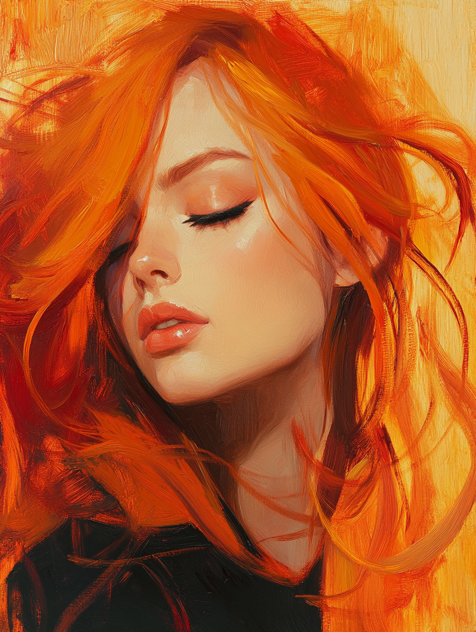 Vibrant portrait of fiery-haired woman with wind-blown hair