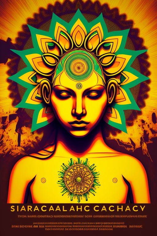 Vibrant poster for ceremony with ayahuasca, chakra power.