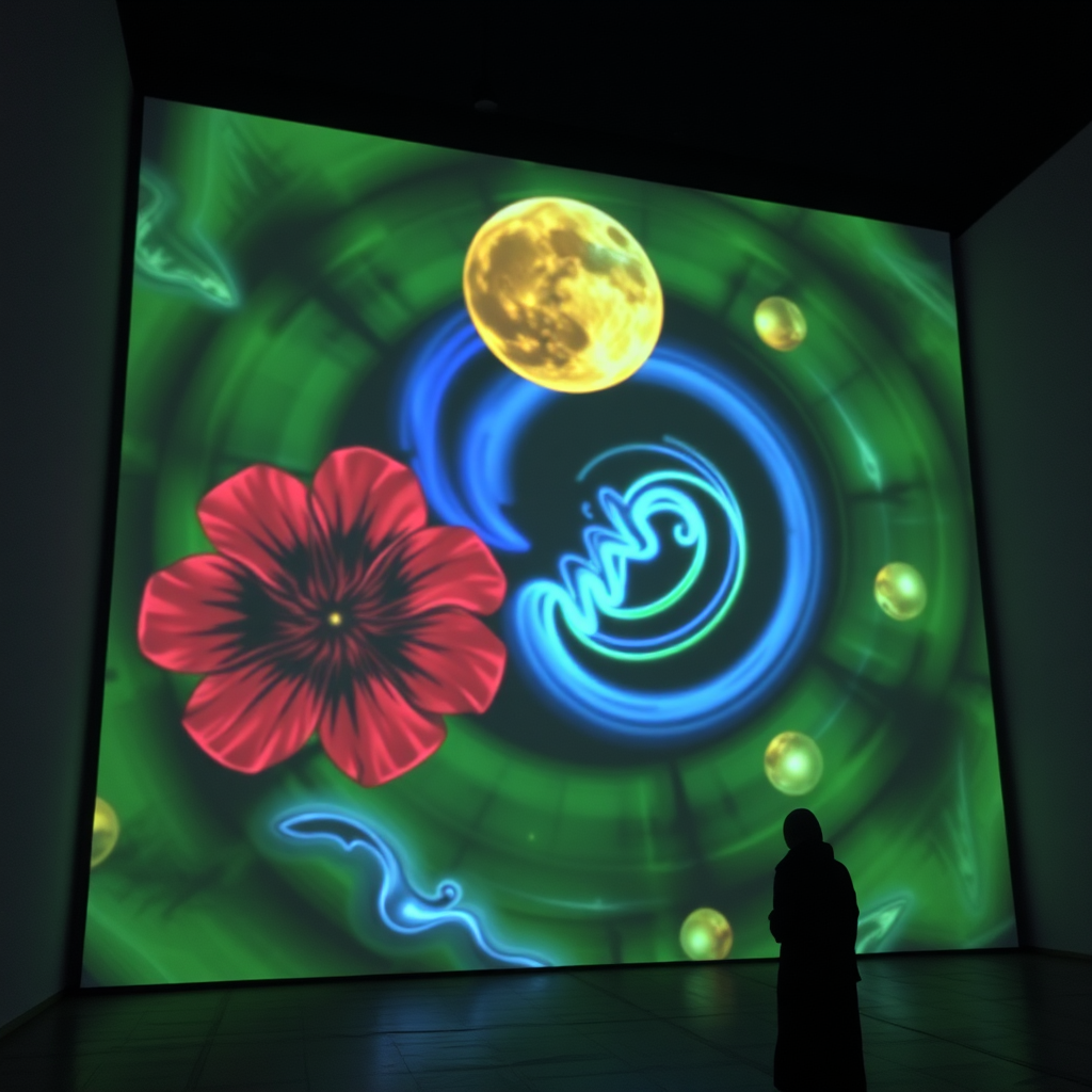 Vibrant projection mapping creates colorful artwork.