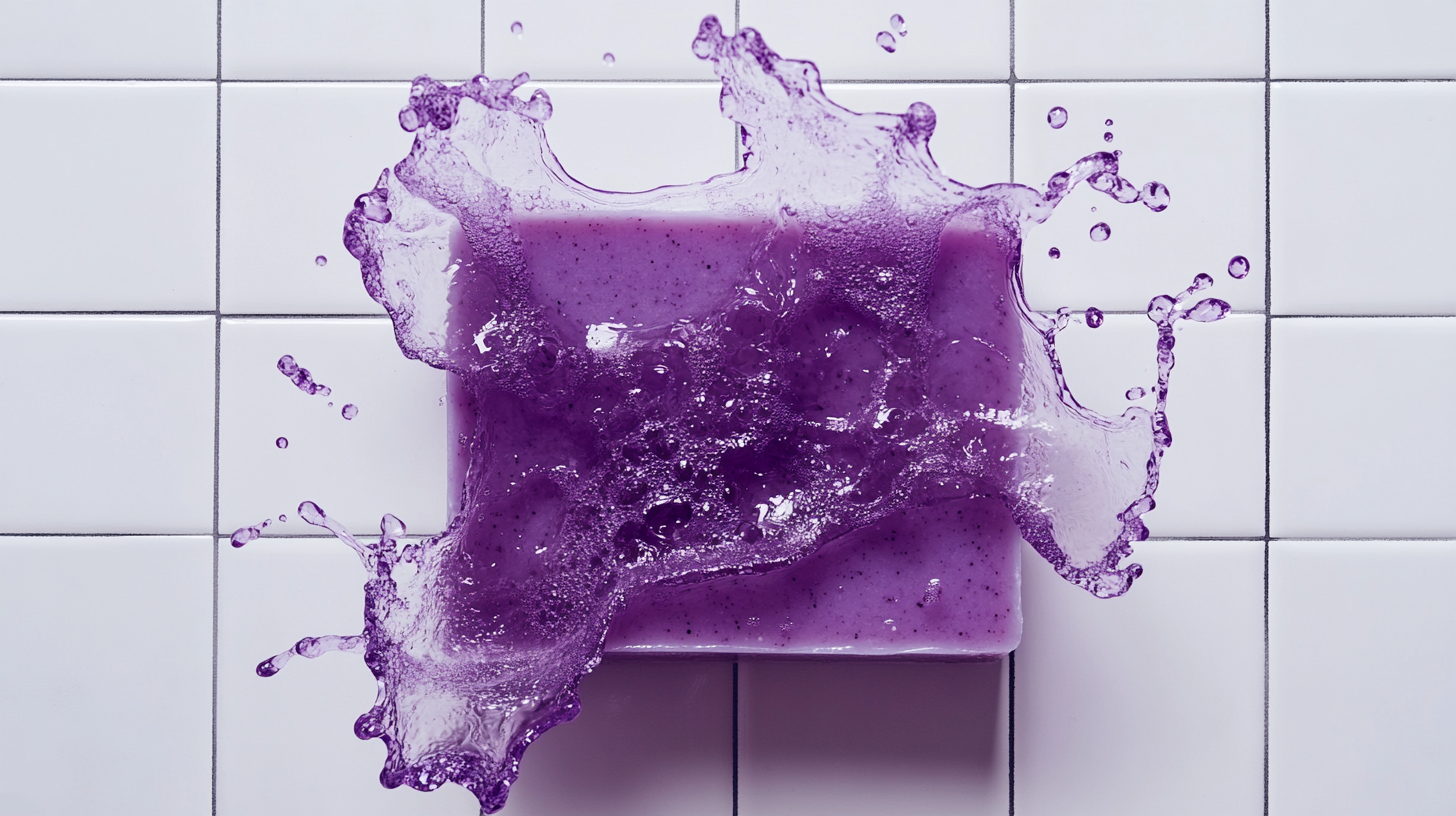 Vibrant purple soap with colorful water gushing out.