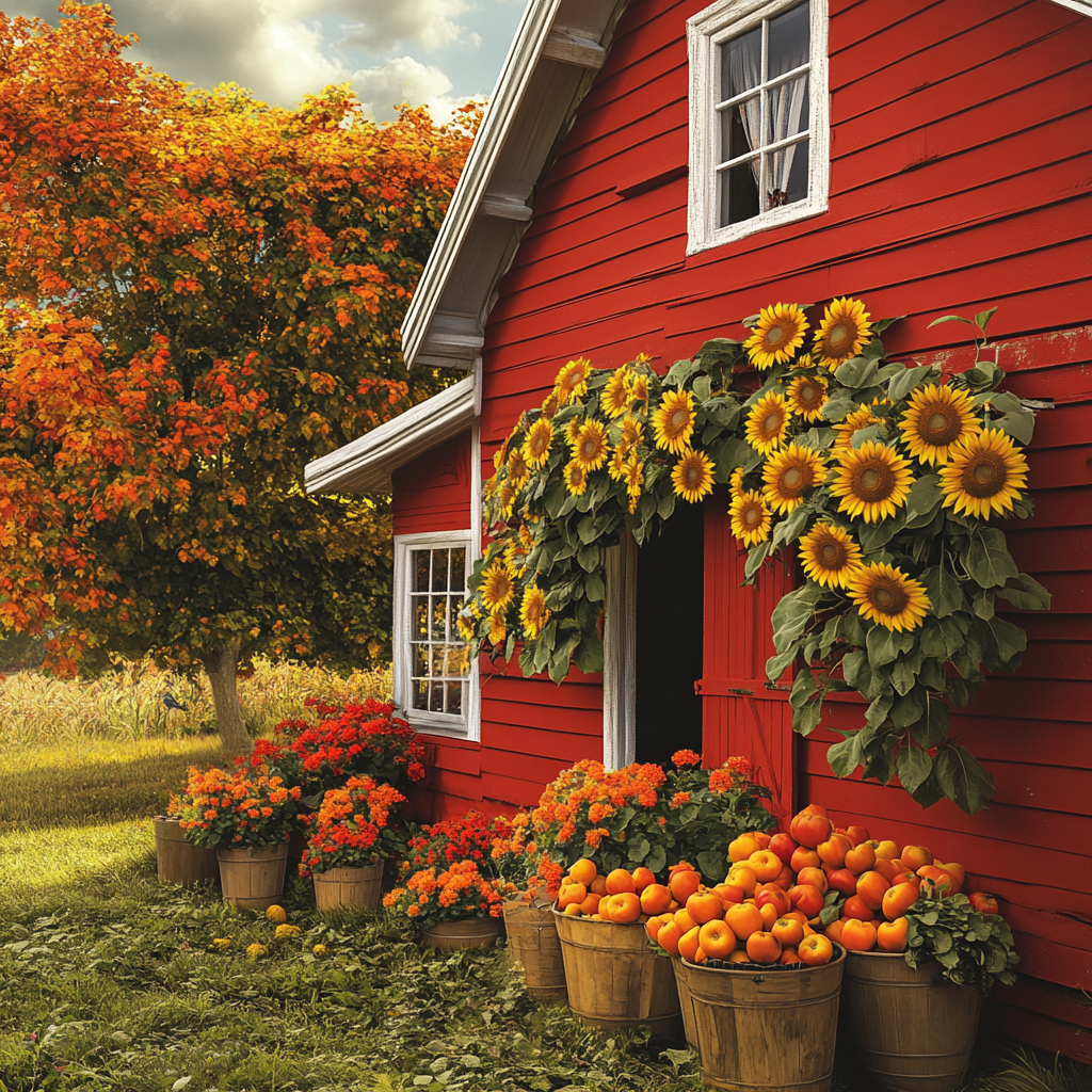 Vibrant red barn with apples and sunflowers, realistic photo.