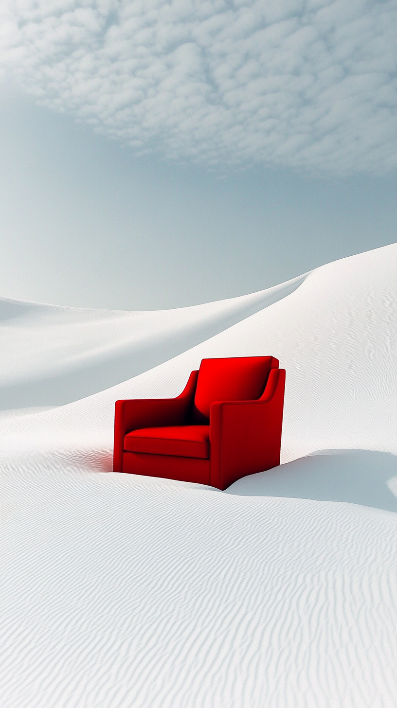 Vibrant red chair stands alone in serene desert setting.