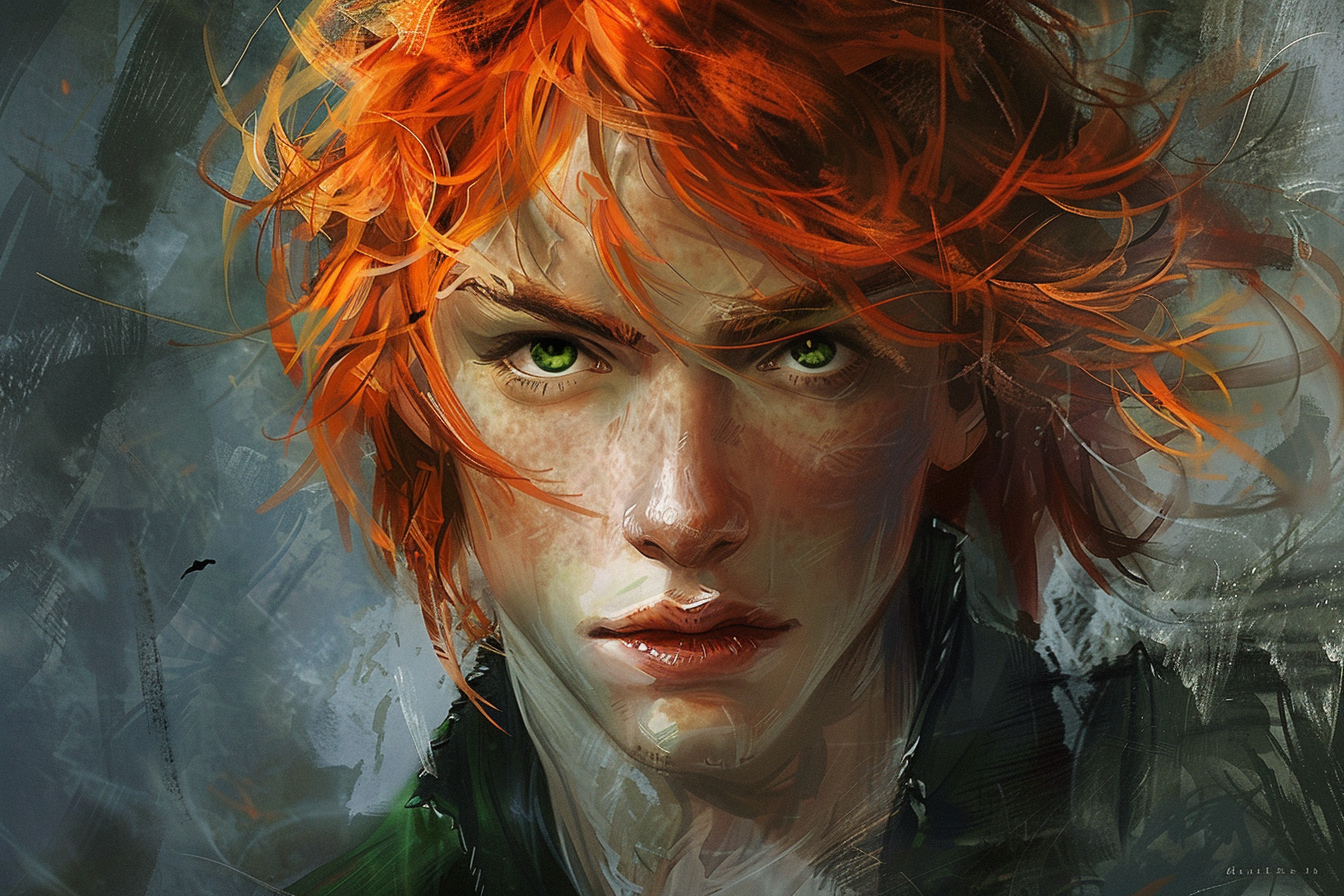 Vibrant red-haired Kvothe with intense green eyes portrait.