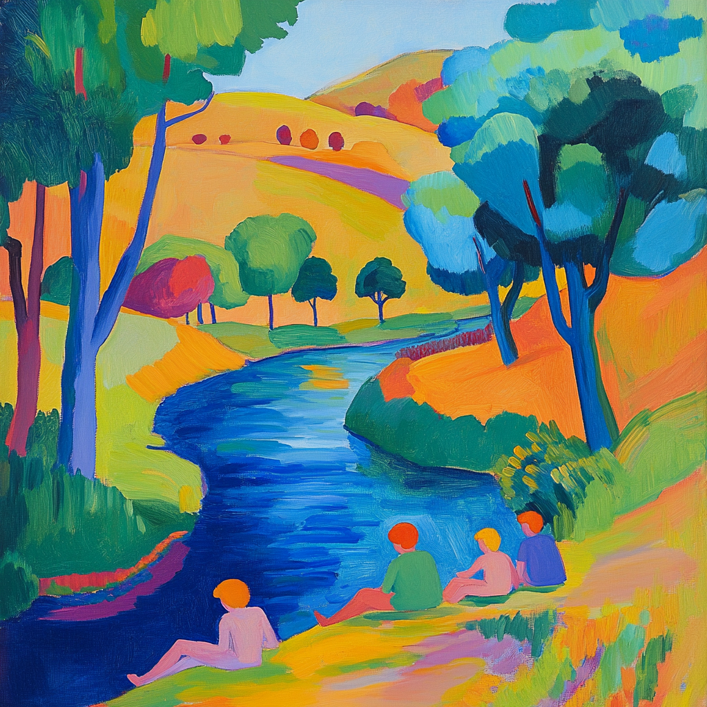 Vibrant riverside scene inspired by Fauvist art.