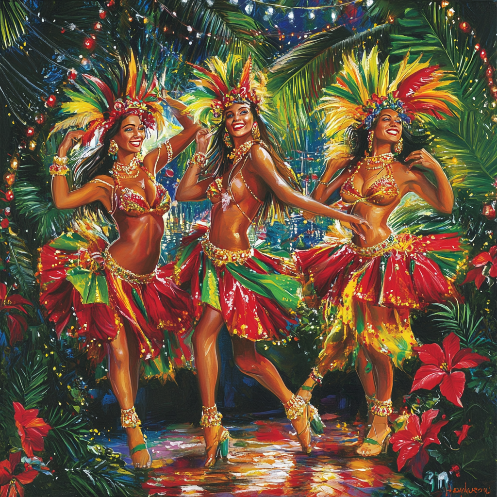 Vibrant samba dancers in festive Christmas scene.