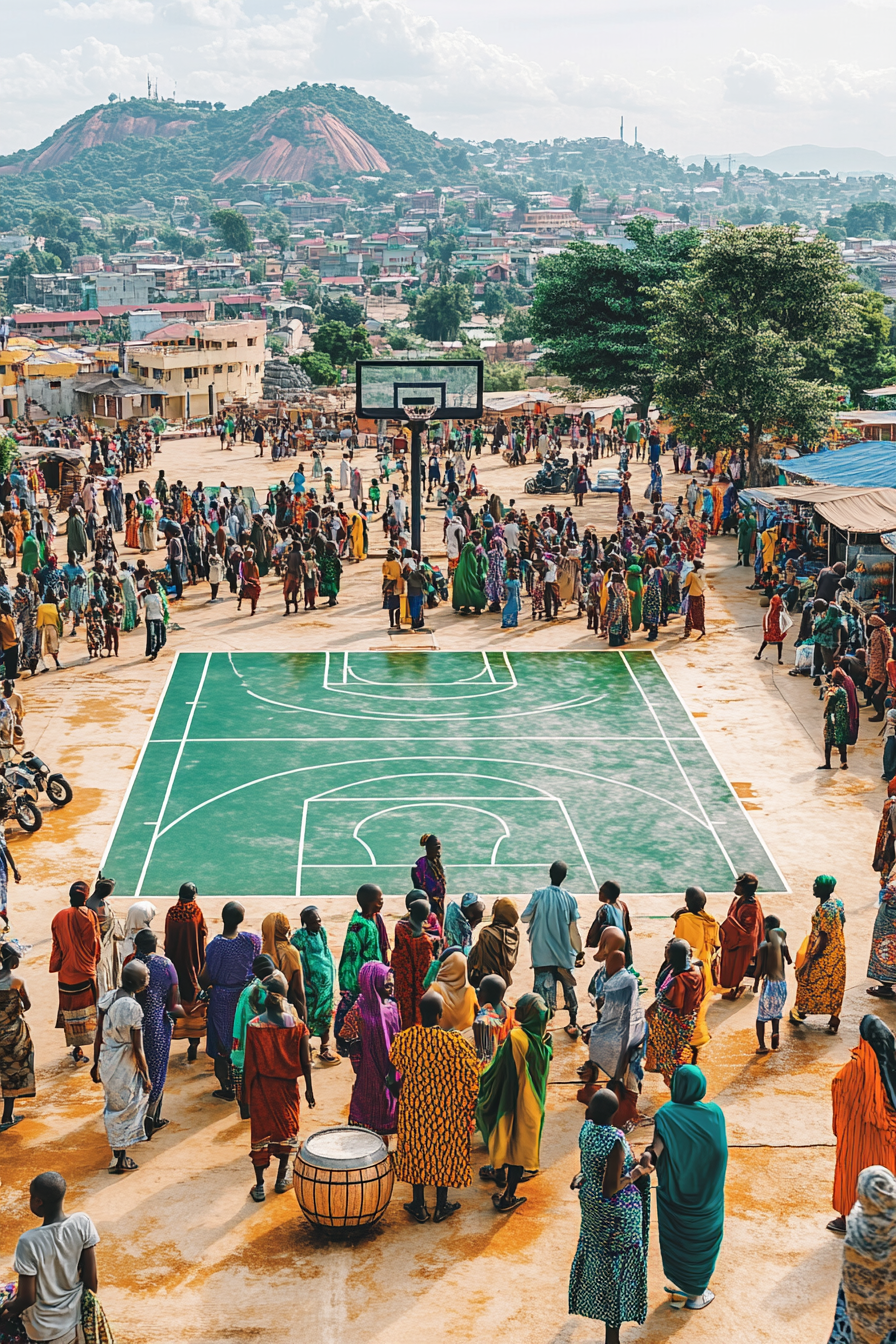 Vibrant scene in Abuja, Nigeria: basketball court and culture.