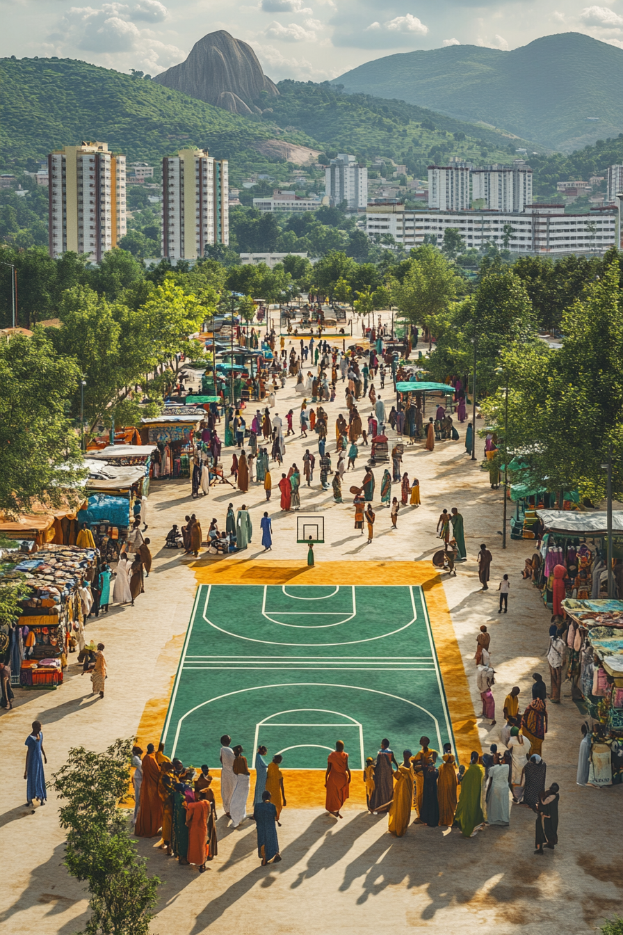 Vibrant scene in Abuja with a Nigerian basketball court.