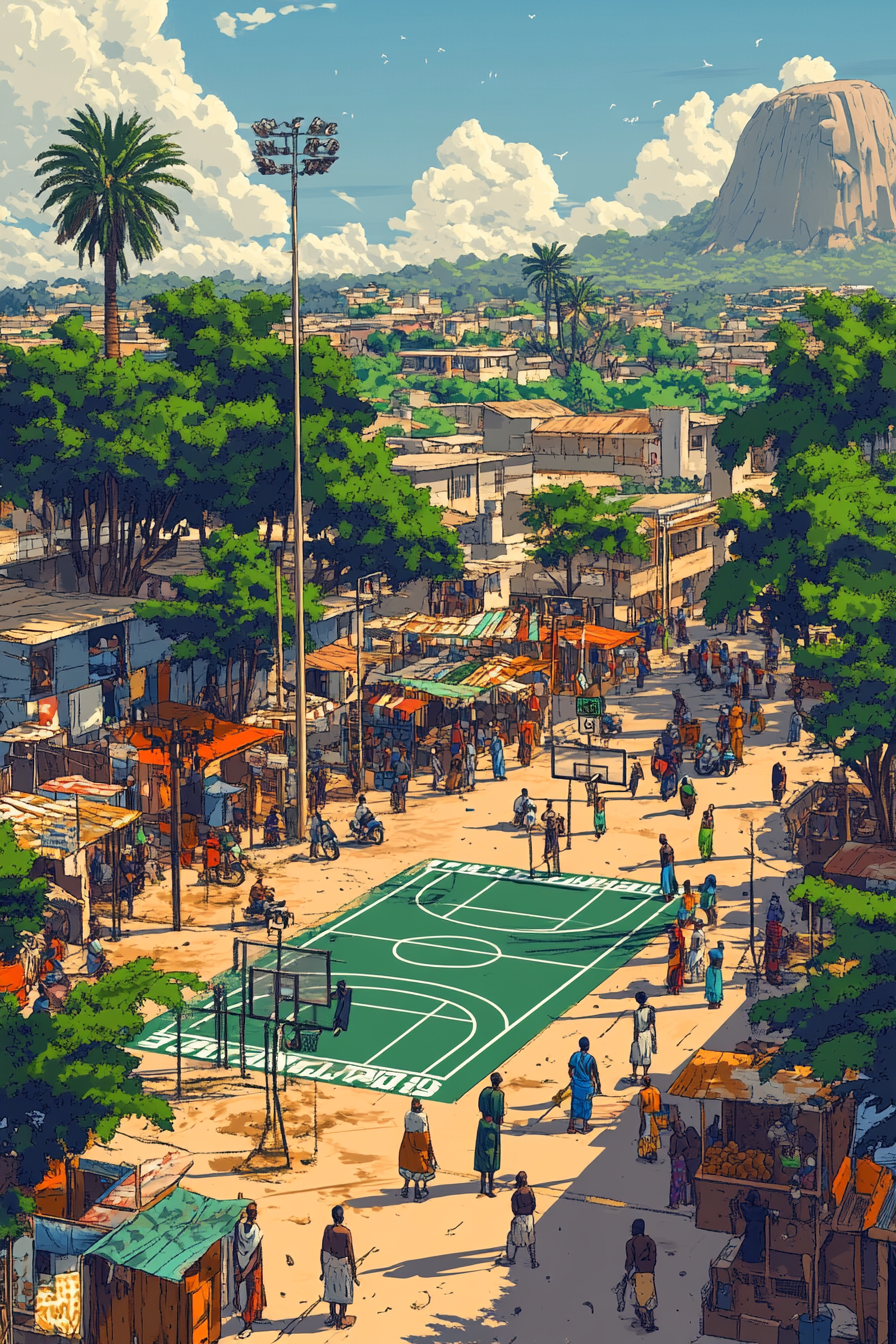 Vibrant scene in Abuja with basketball court and locals.