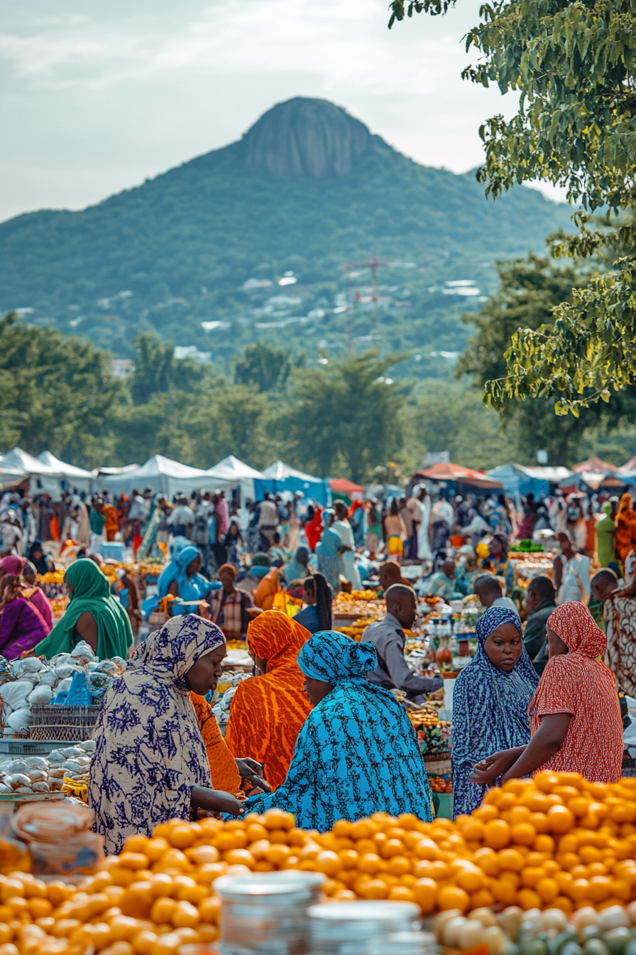 Vibrant scene in Abuja with locals in traditional clothes.