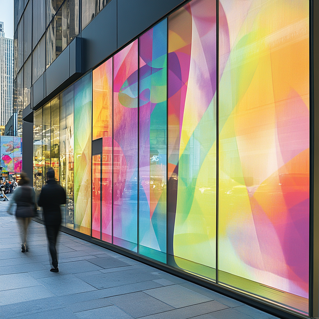 Vibrant storefront graphic on urban street with pedestrians.