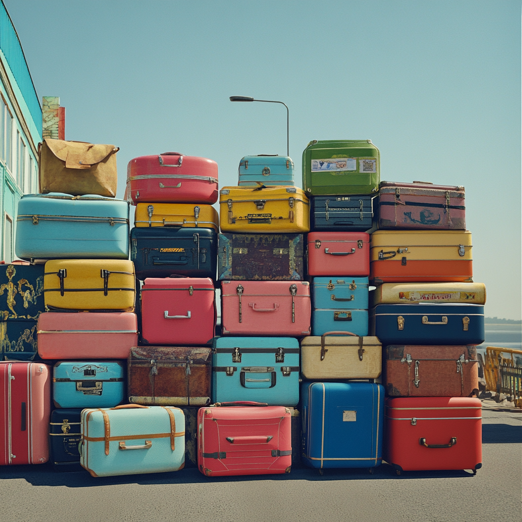 Vibrant suitcases at border checkpoint with happy travelers.