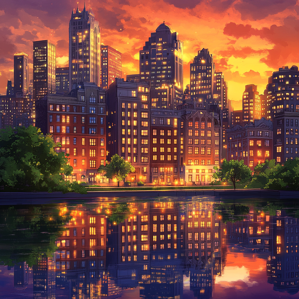 Vibrant sunset city with buildings and twinkling lights