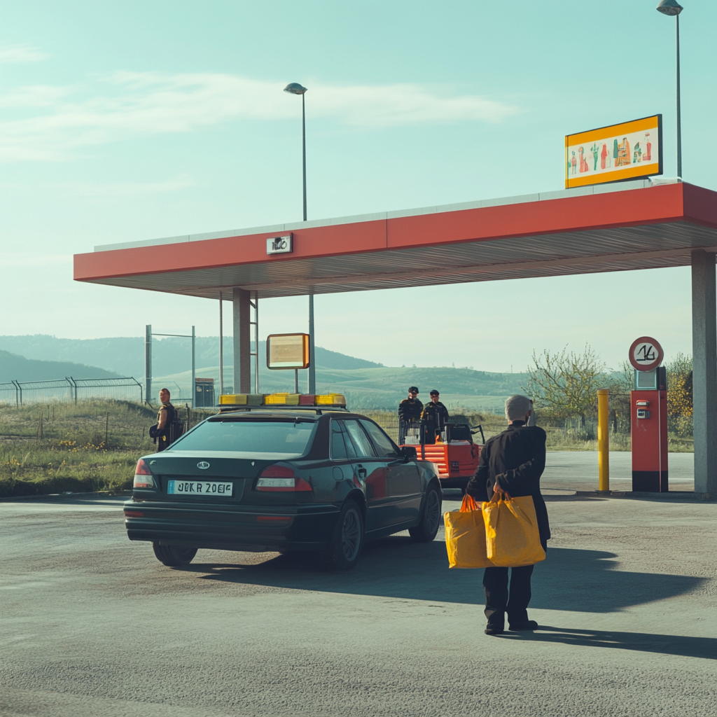 Vibrant travel scene with border guards checking car luggage.