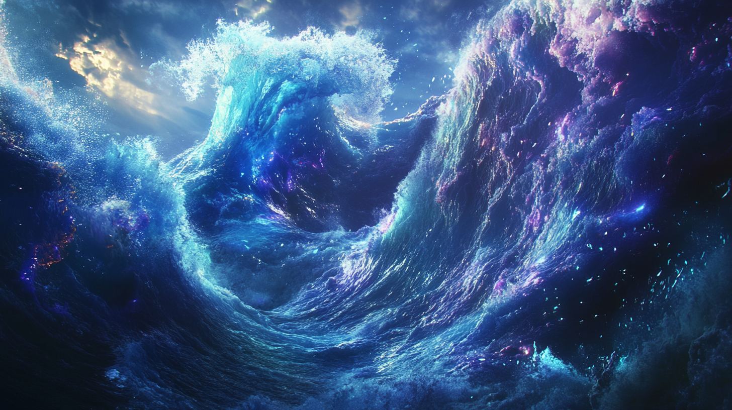 Vibrant underwater wave crashes with colorful lighting